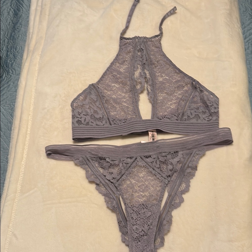 Elegant Gray Lace Bralette and Panty Set